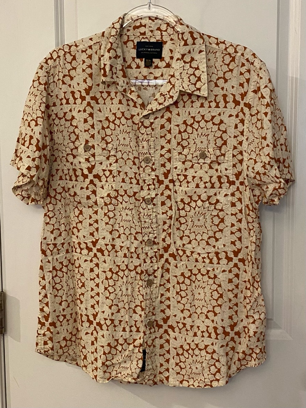 Lucky Brand Short Sleeve Button Up Shirt Sz M Rust/Beige Print Linen